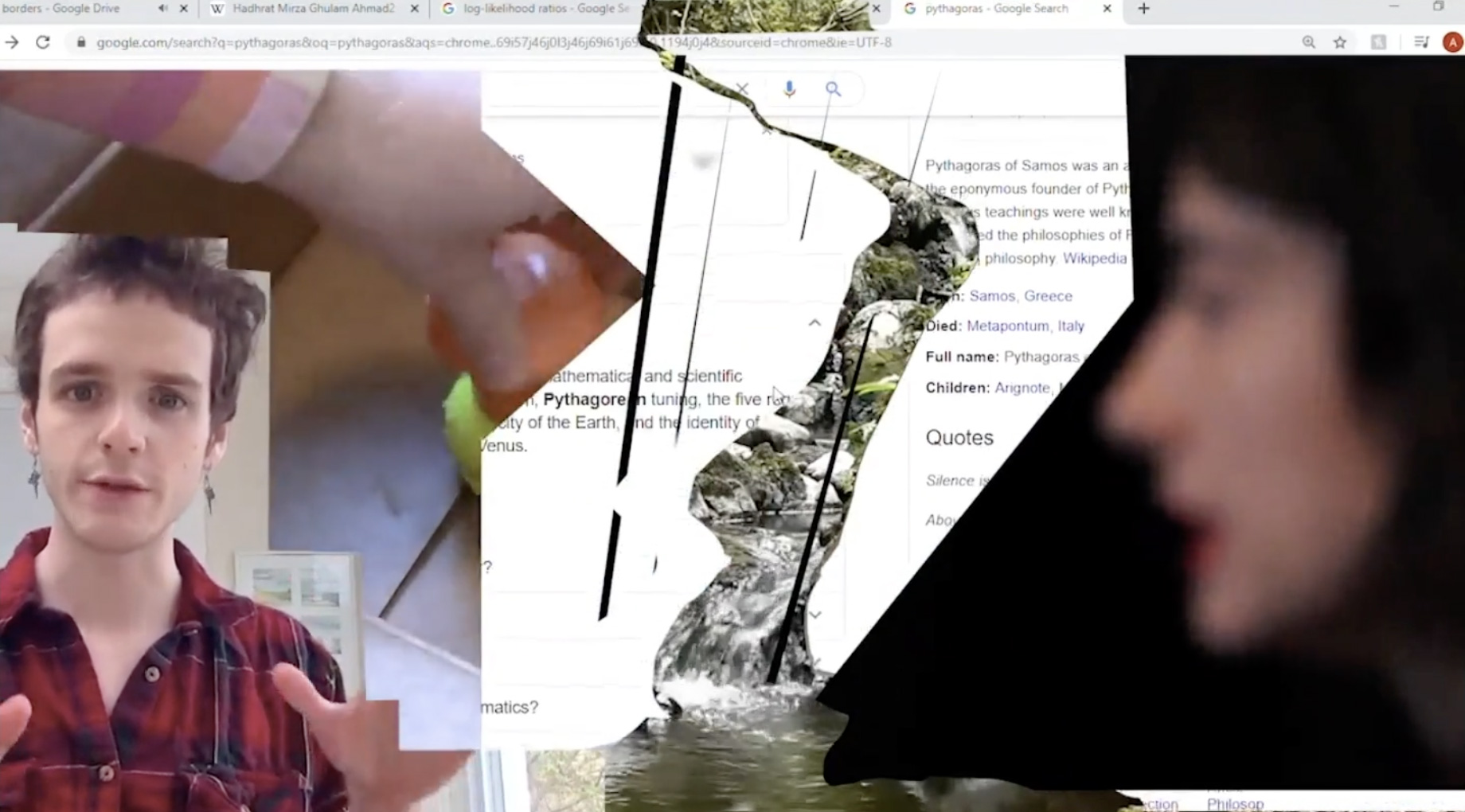 Multiple screenshots are collaged together, including a google search of the Greek philosopher Pythagoras cut to reveal a waterfall behind. A blurry photo of a person’s profile is shown on the right of the image while another person is seen talking on the left corner.